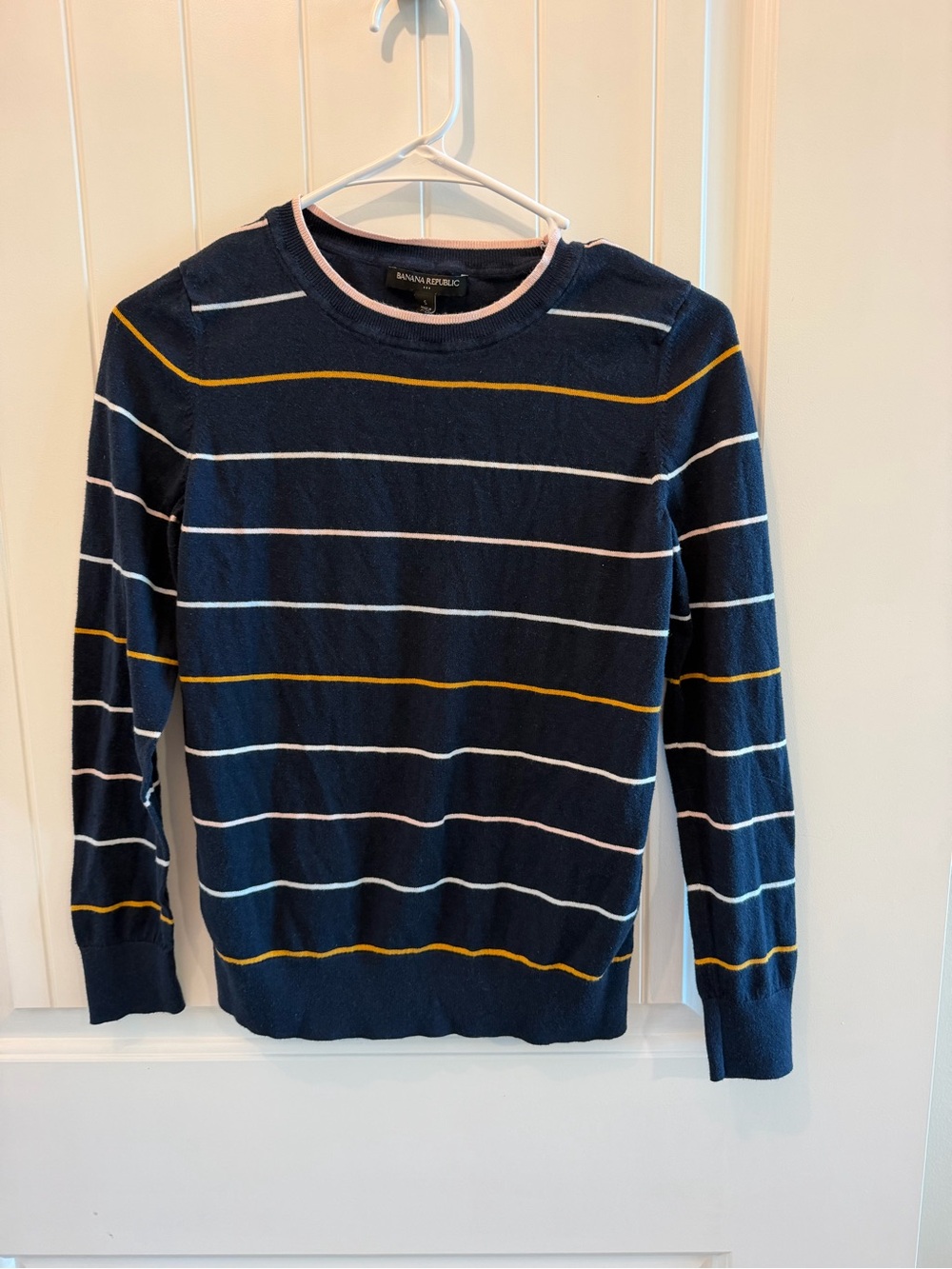 Banana Republic Navy Crewneck Sweater with White, Pink & Mustard Stripes